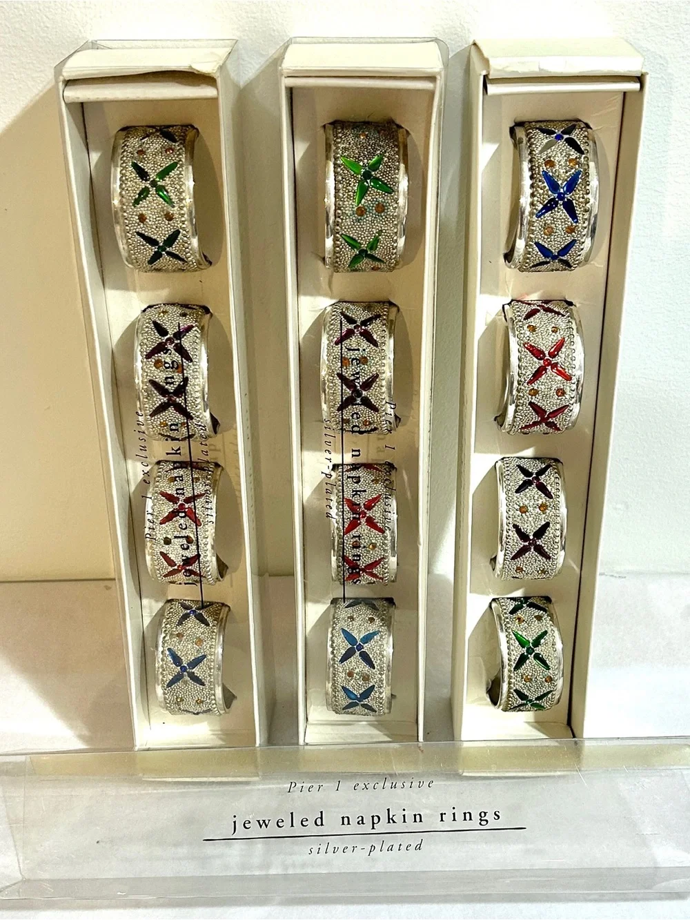NOS Pier 1 Exclusive Silverplate Vtg Faceted Color Glass Napkin Rings Unused 3bx